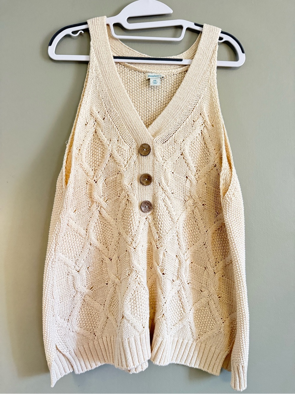 Sundance Kenzie Cable Knit Sweater Vest Cream Cotton Blend XXL Boho
